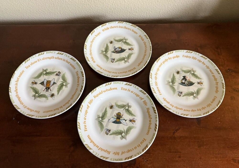 Cardew Design Tea Plant & Honey Bee Dessert Plates- 4 Unique Designs- Set of 4